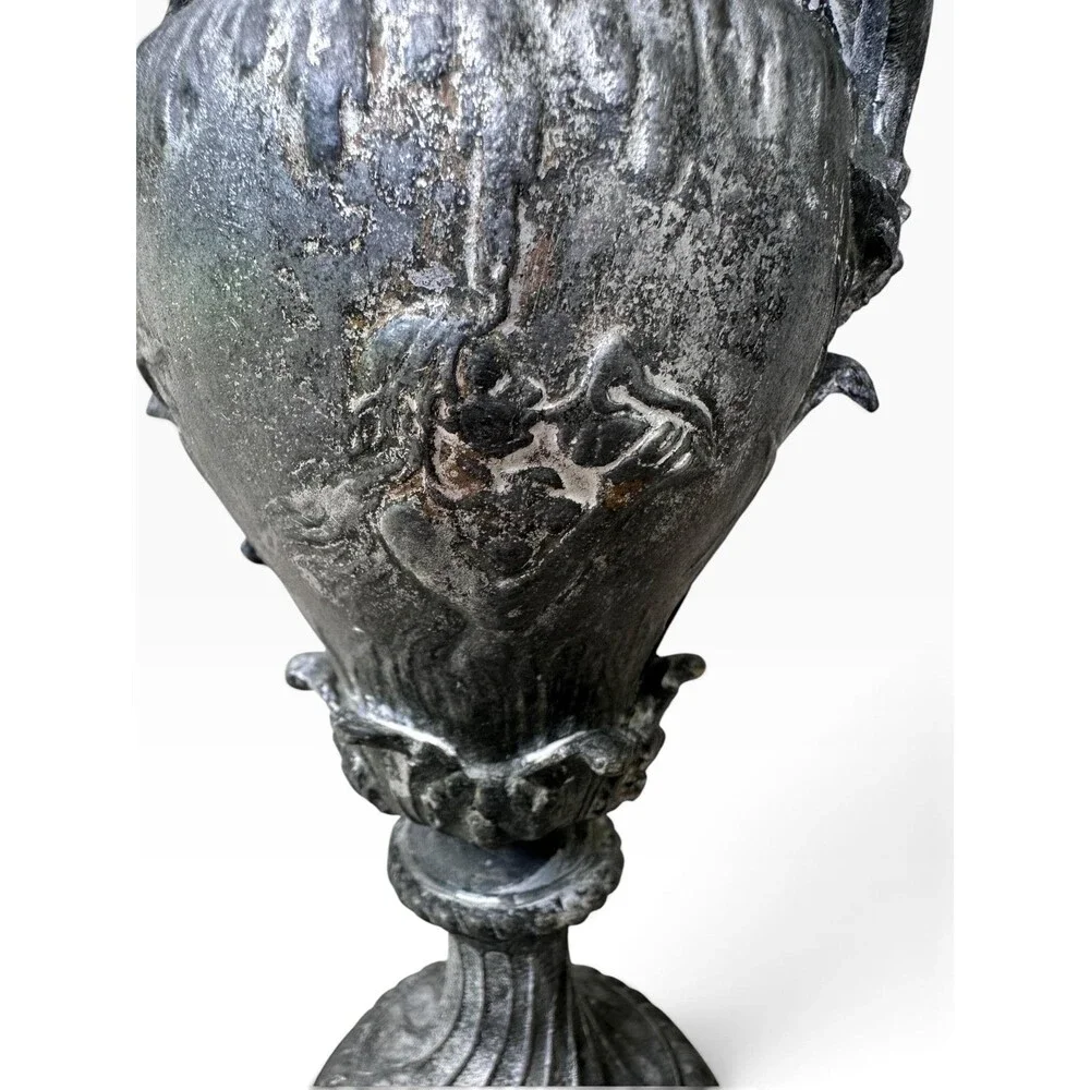 Antique French Spelter Urn Neoclassical Cherub Maiden Cast Metal Vase Paris